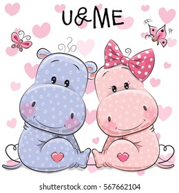 Two cute Hippos on a hearts background