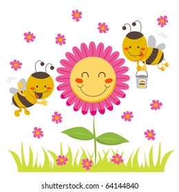 Two cute honey bees flying around a happy flower carrying a bucket