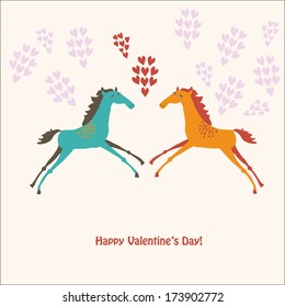 Two cute horses in love. Hand drawn Valentine's day card, retro greeting card, vector illustration