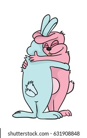 Two cute hugging cartoon rabbits or hares, vector illustration, isolated on white.