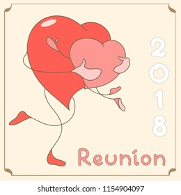 Two cute hugging hearts. A card for reunion.