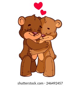 Two cute hugging teddy bears in love. Vector clip-art illustration on a white background.