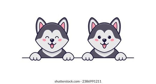 Two cute husky dogs smiling on white background. Cartoon vector illustration