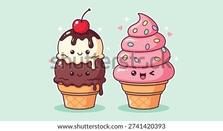 Two cute ice cream cones, one chocolate with a cherry and one strawberry with sprinkles, both smiling sweetly.
