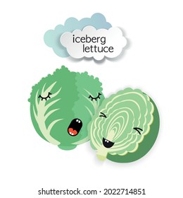 Two cute iceberg lettuce and paper-cut clouds. Template for poster, postcard, packaging.