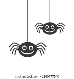 Two cute isolated black silhouette smiling spiders hanging on white background