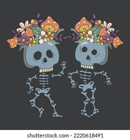 Dos bonitos y alegres esqueletos con flores y hongos en la cabeza bailan juntos. Esqueletos aislados en un fondo oscuro. Para diseño para el Día de los Muertos o Halloween. Ilustración vectorial.