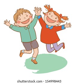 Two cute jumping happy children. School activities. Back to School isolated objects on white background. Great illustration for a school books and more. VECTOR. Editorial. Education.