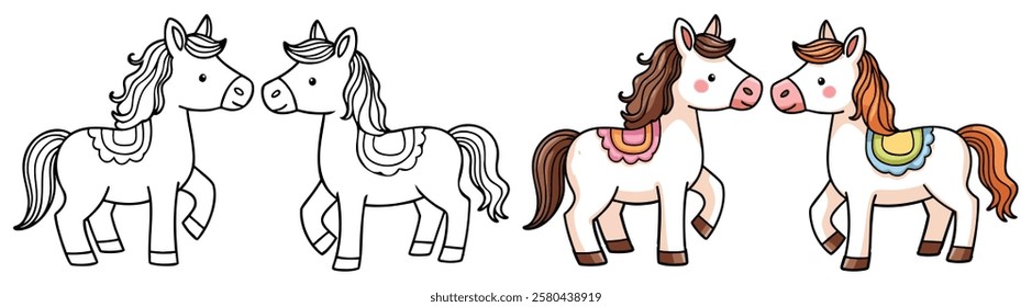 Two Cute Kawaii Horse or Pony line art with fill-colored sample Printable. Isolated on White Background Outline Vector Illustration. Bold and Easy Domestic Animal Coloring Page for Adults and Kids