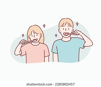 Two cute kids, brushing their teeth. Hand drawn style vector design illustrations.