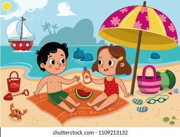 Two cute kids having fun on tropical beach. Vector illustration.