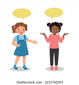 two cute kids little girls talking each other with speech bubble