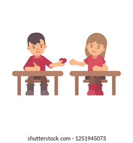 Two cute kids sending love notes in class. Valentine's Day flat illustration