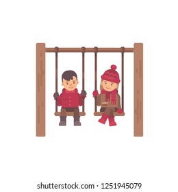 Two cute kids sitting on swings. Valentine's Day flat illustration