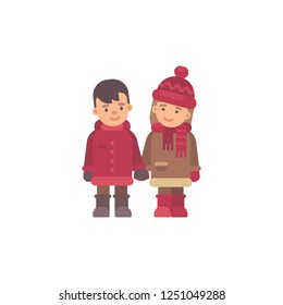 Two cute kids in winter clothes holding hands. Valentine's Day flat illustration