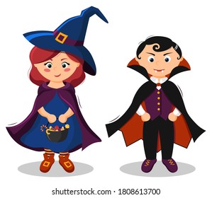 Two cute kids in witch and dracula costumes for Halloween. Flat style, cartoon, vector.