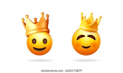 Two cute king emoji with happy expressions wearing a golden crown. Cartoon character collection for social media and sticker.