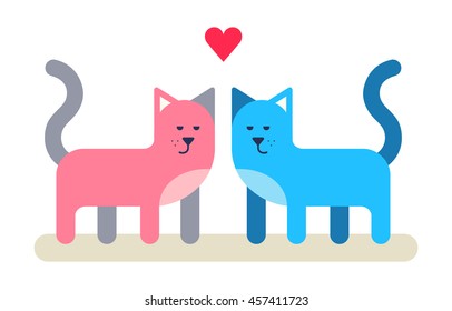 Two cute kittens blue and pink. Sign of red heart. Love relationship concept. Flat design vector illustration.