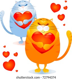 Two cute kittens embrace a heart, vector