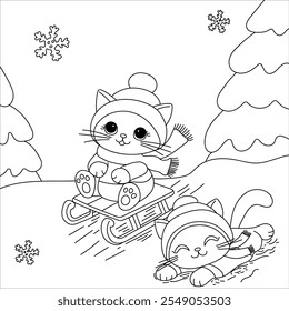 Two cute kittens enjoying a snowy sled ride, surrounded by winter trees and a magical snowy landscape