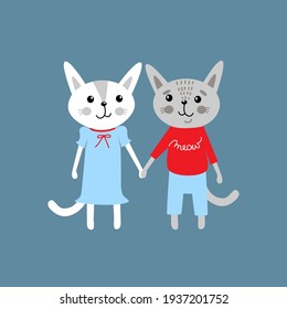 Two cute kittens holds hand each other, Funny little cats, cartoon characters, girl and boy, sister and brother. Flat vector illustration isolated on blue background