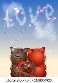 Two cute kittens in love. Cute illustration for valentine's day or birthday

