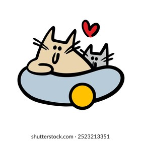 Two cute kittens are lying in   soft basket. Vector illustration of pets taking   break from playing with a ball. Funny cartoon animals are sleeping.