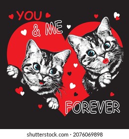Two cute kittens in red heart. Print for t shirt. Valentine’s Day vector illustration.