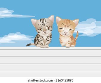 Two cute kittens are sitting on the fence, looking at us and laughing.vector illustration
