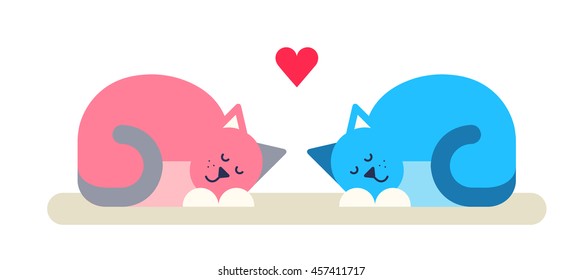 Two cute kittens sleeping together. Sign of red heart. Love relationship concept. Flat design vector illustration.