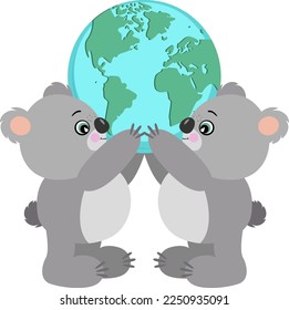 Two cute koalas holding a world globe