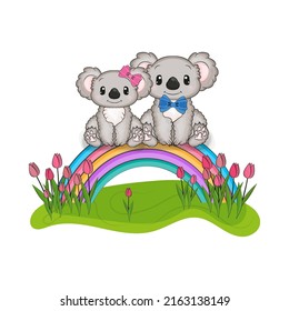 Two cute koalas are sitting on a rainbow. Vector illustration of a cute animal. Cute little illustration of koala for kids, baby book, fairy tales, covers, baby shower invitation, textile t-shirt. svg