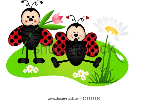 Two Cute Ladybugs Garden Stock Vector Royalty Free 125858630
