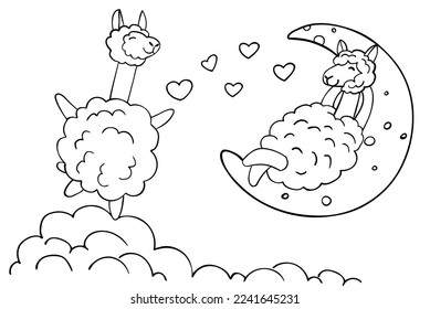 Two cute lamas in the clouds. Cute lama on the moon. Love card.  Perfect for coloring page, coloring book, print. Vector illustration.