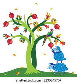 two cute lambs gather pomegranate fruit on an autumn tree