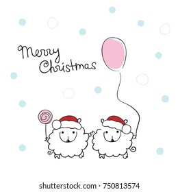 Two cute lambs in hats of Santa Claus with a handwritten inscription "merry Christmas" on a white background. Vector illustration. Doodle art.