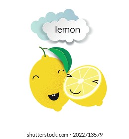 Two cute lemons and paper-cut clouds. Template for poster, postcard, packaging.