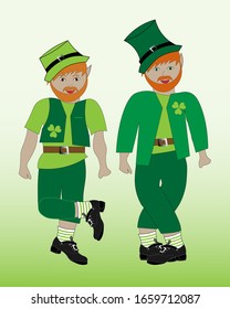Two cute leprechauns are dancing traditional irish dance. Good St. Patrick's Day decoration or playbill of Irish Dance Show.