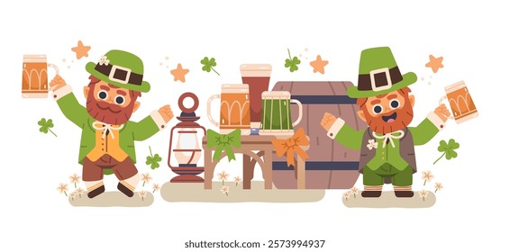 Two cute leprechauns drinking beer celebrating Saint Patrick's Day. Flat vector illustration