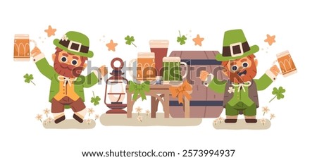Two cute leprechauns drinking beer celebrating Saint Patrick's Day. Flat vector illustration