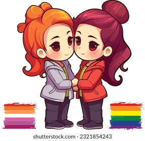 Two Cute Lesbian Girls Caressing Each Other with LGBT-Pride and Lesbian-Pride Flags in the Background