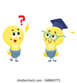 Two cute light bulb characters, one asking question, another wearing nerd round glasses and graduation cap, cartoon vector illustration isolated on white background. Two funny light bulb characters
