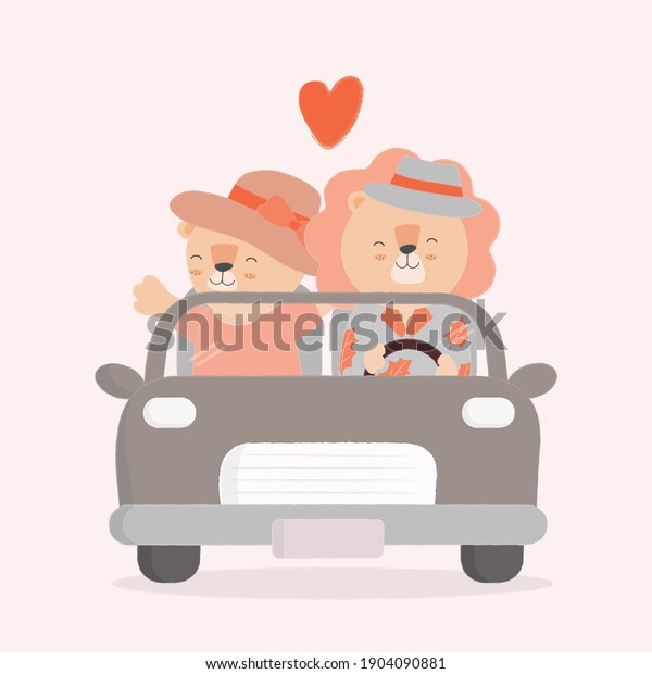 Two cute lion\
couple driving a car with heart background love on back.\
Illustration about love and valentin\'s\
day.