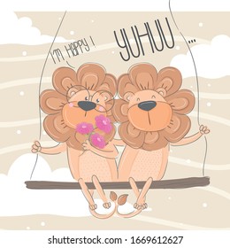 Two cute lions sit together and hold flowers