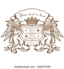 Two cute lions with wings, coat of arms and stars; RGB EPS 10 vector illustration
