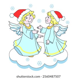 Two cute little angels in Santa hats standing on the cloud. Christmas clip art. Vector cartoon illustration, isolated on white.