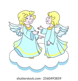 Two cute little angels standing on the cloud. Vector cartoon illustration, isolated on white.