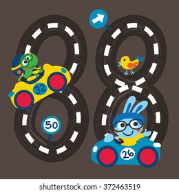 Two cute little animals racing on number shaped road. Print design idea for jersey fabrics.vector design for your projects.