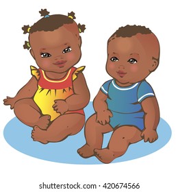 Two cute little babies. African American dressed boy and girl. Colorful vector illustration on white background.