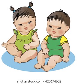 Two cute little babies. Asian dressed boy and girl. Colorful vector illustration on white background.